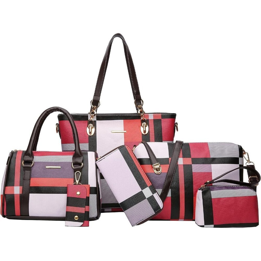 Women's Red Faux leather Zipper Simple Stylish Top Handle 6pcs Tote Hand Bag